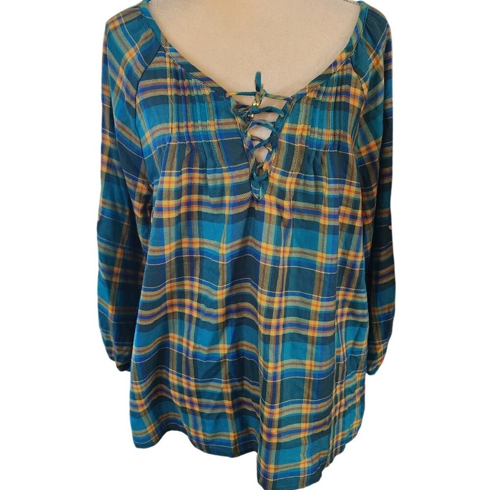 The Pioneer Woman Women's Pleated Plaid 3/4 Sleeve Shirt Size Large